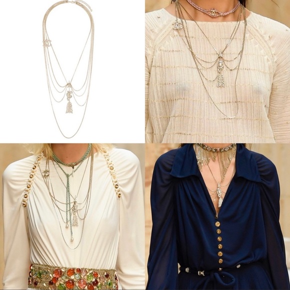 CHANEL Crystal Pearl Multi Strand Chain CC Arrow Necklace Gold - Picture 16 of 16